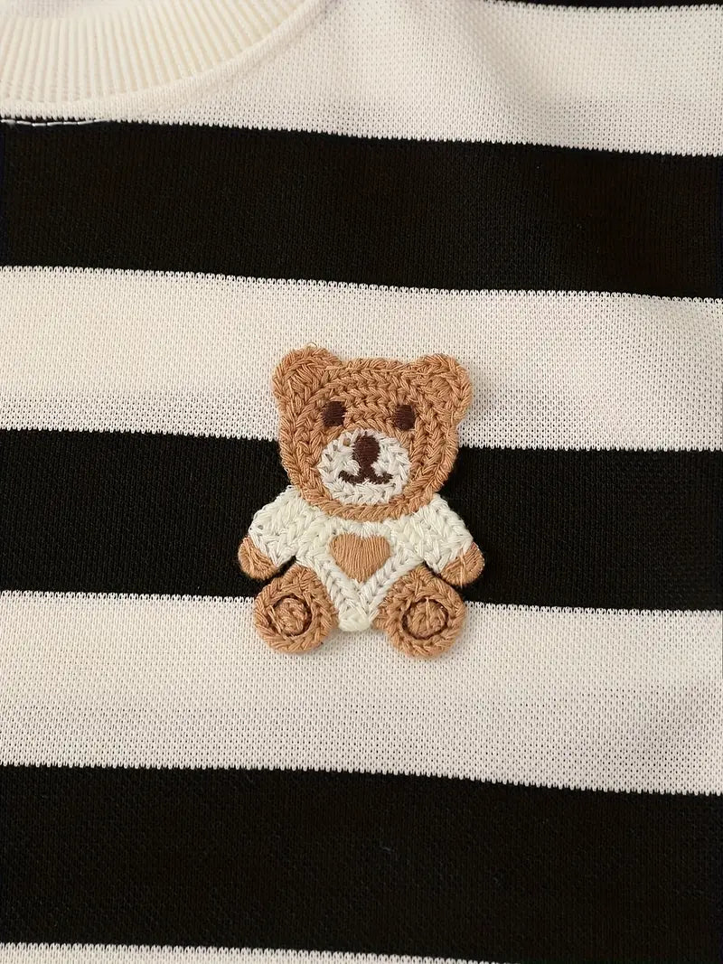 Ensemble chemise garçon rayé noir et blanc avec ourson brodé – t-shirt manches courtes et short été