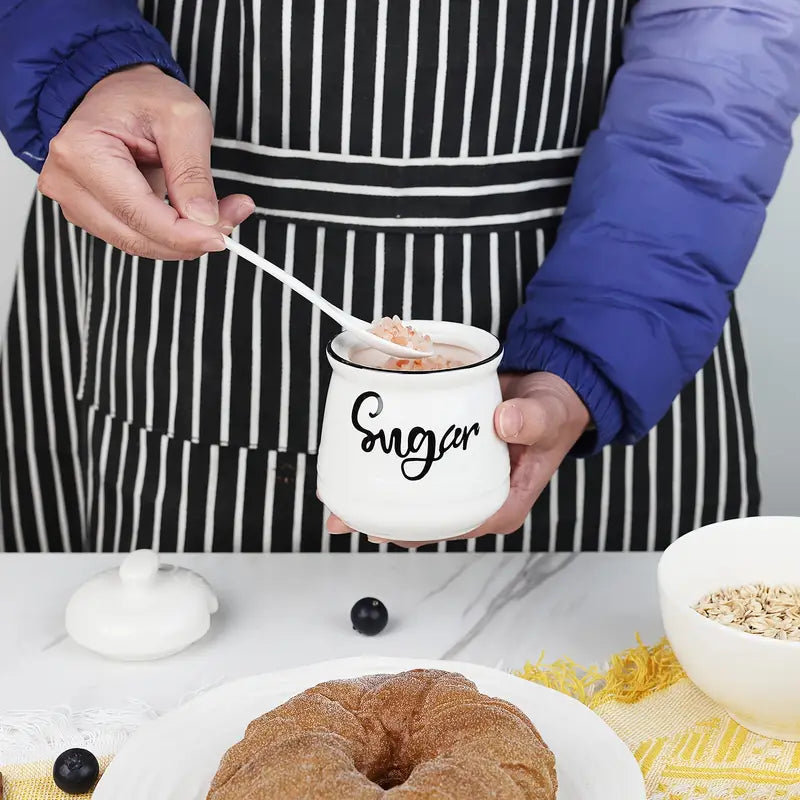 Pot à Sucre en Céramique avec Couvercle et Cuillère – Design Vintage pour Cuisine ou Petit-Déjeuner Chic