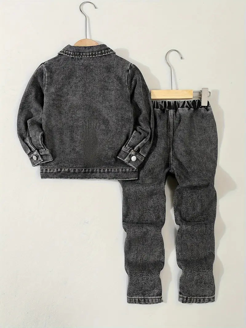 Ensemble Garçon Jean Noir – Veste en Denim + Pantalon Déchiré Style Décontracté