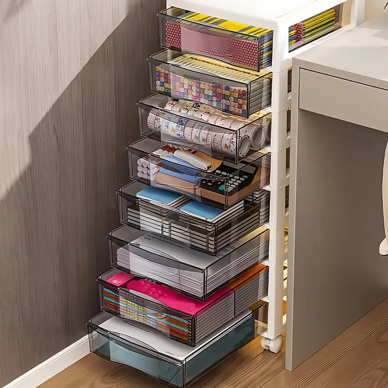 Tour de Rangement à Tiroirs Transparent sur Roulettes – Organisateur Multi-Niveaux pour Bureau et Boutique