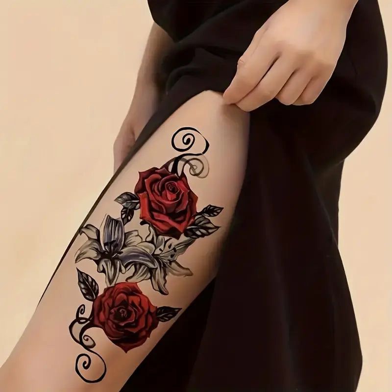 Tatouage Éphémère Rose et Lys – Motif Floral Réaliste pour Bras, Épaule ou Dos