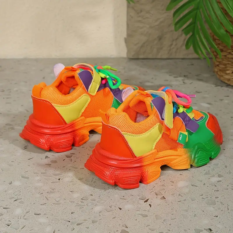 Chaussures de sport fille – Baskets multicolores arc-en-ciel tendance avec semelle épaisse antidérapante