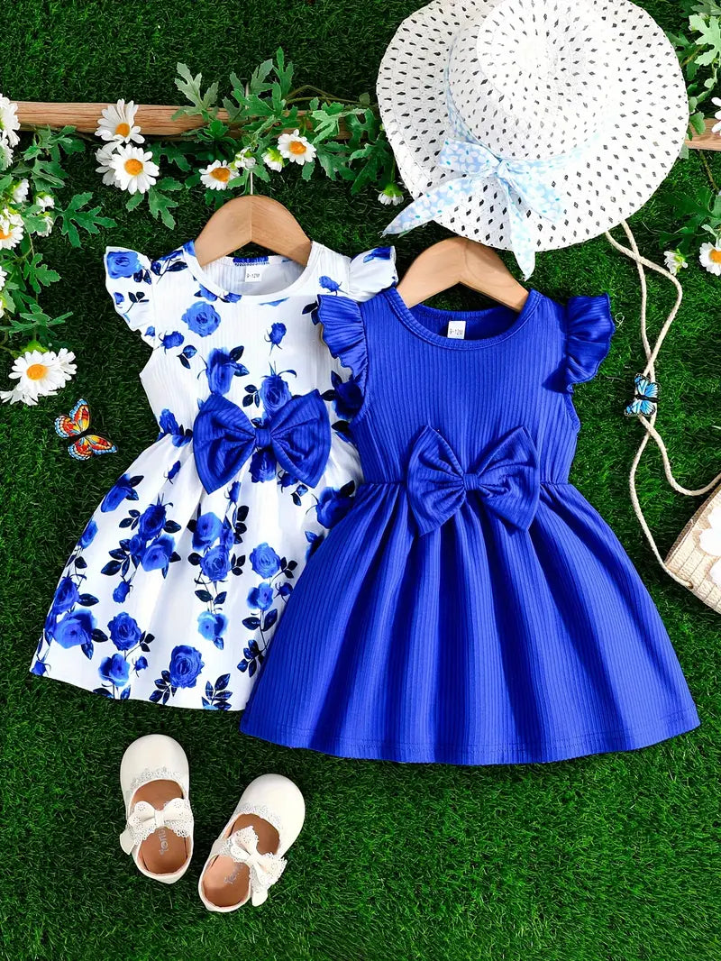 Lot de 2 robes fille été avec nœud – Robe lilas unie et robe blanche à fleurs papillons