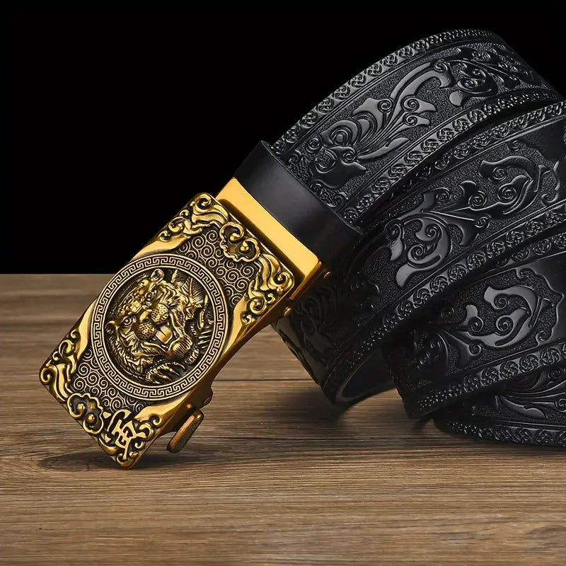 Ceinture homme en cuir noir avec boucle automatique dorée lion – Style luxe et détails gravés