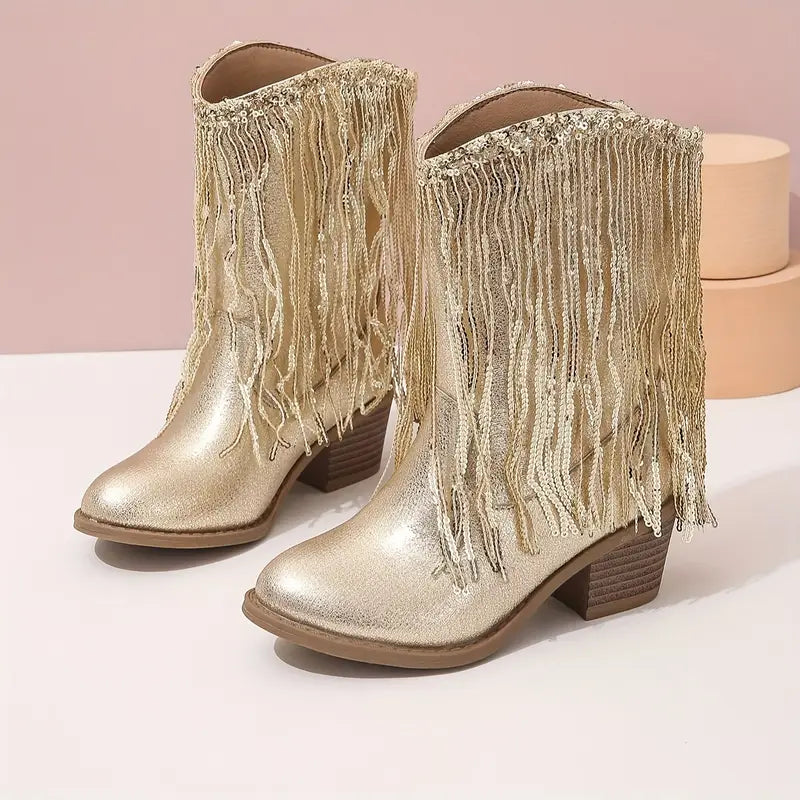 Bottes fille argentées à franges et paillettes – Style western chic