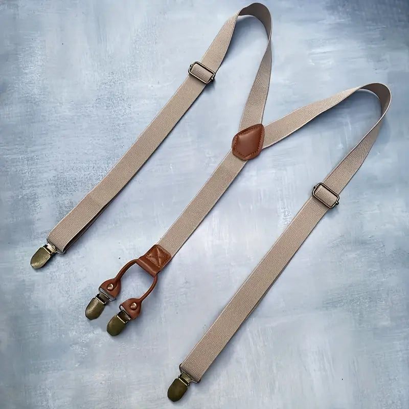 Bretelles homme à rayures rétro ajustables – Style vintage élégant avec attaches métalliques et cuir marron