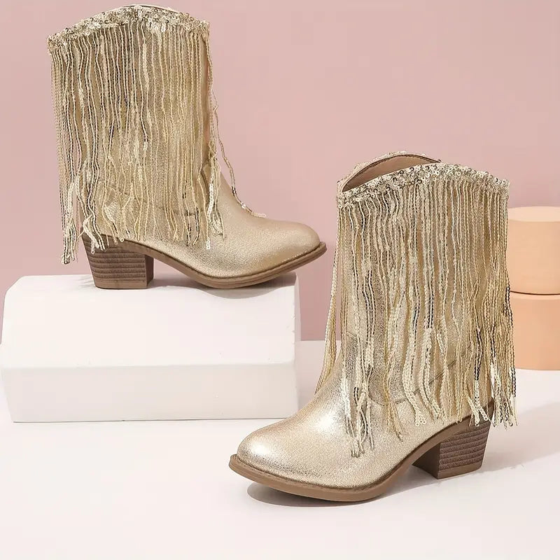 Bottes fille argentées à franges et paillettes – Style western chic