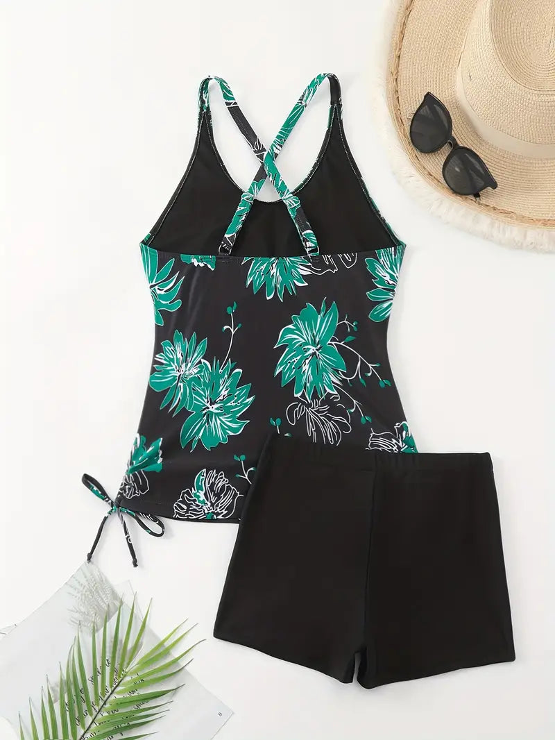 Tankini shorty noir à fleurs – Ensemble deux pièces sport chic