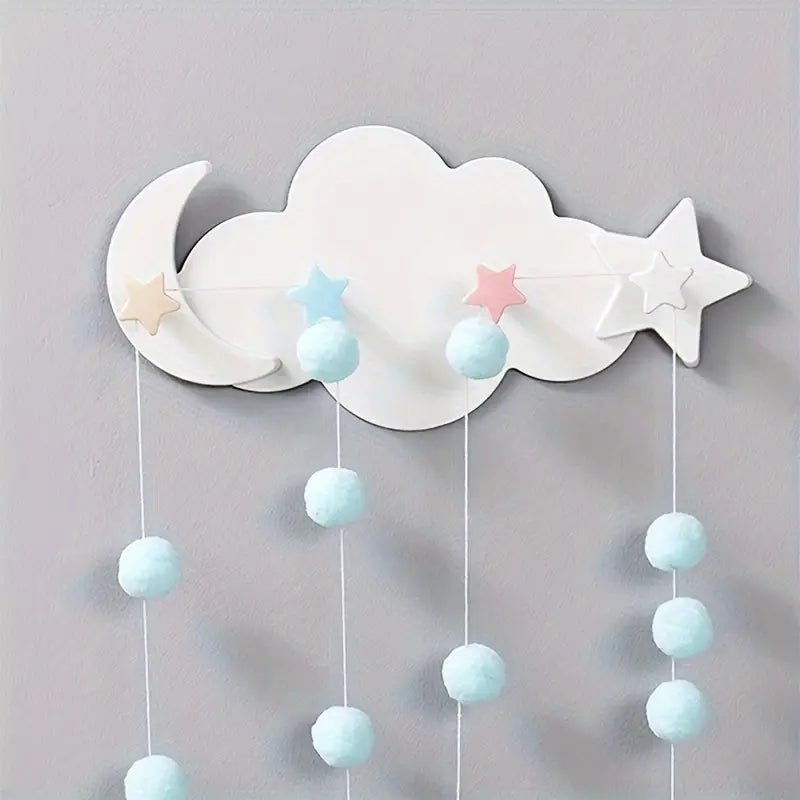 Patère murale nuage et étoiles pour chambre bébé – Porte-manteau décoratif bois pastel