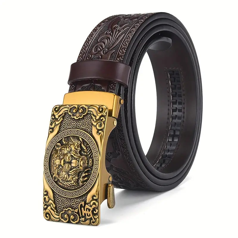 Ceinture homme en cuir noir avec boucle automatique dorée lion – Style luxe et détails gravés