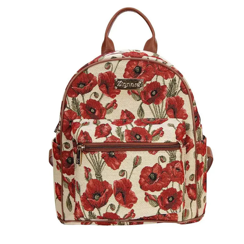 Sac à dos femme motif fleuri vintage – Tissu brodé avec coquelicots rouges et détails en cuir