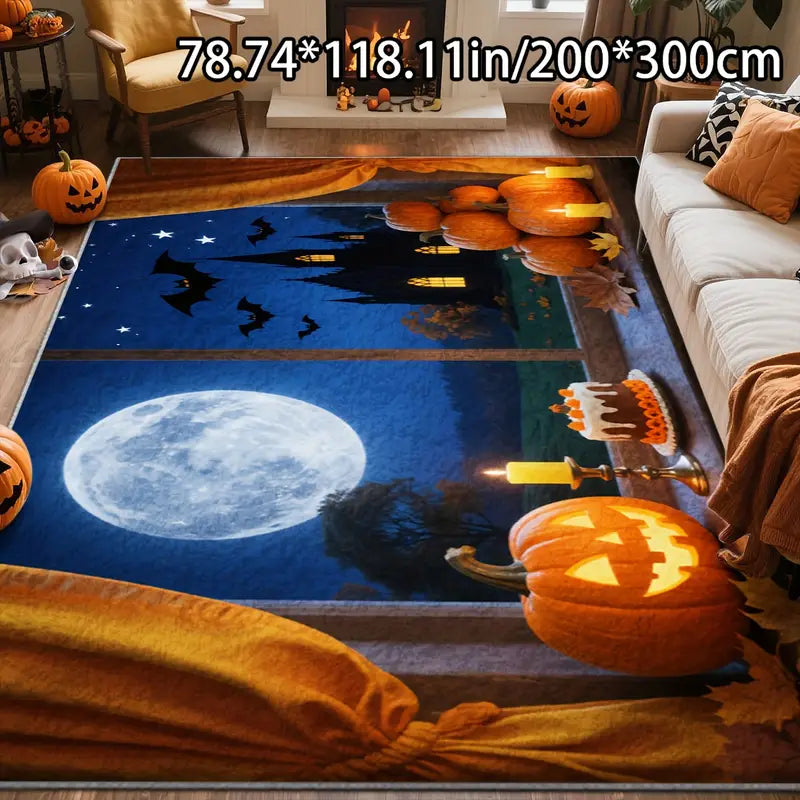 Tapis Halloween Géant – Citrouilles, Lune et Chauves-Souris pour Déco de Salon et Fête