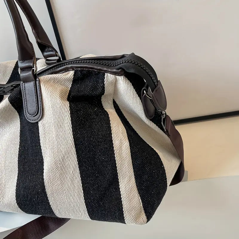 Sac de Voyage Rayé en Tissu Résistant – Cabine Week-End Grande Capacité avec Bandoulière Amovible