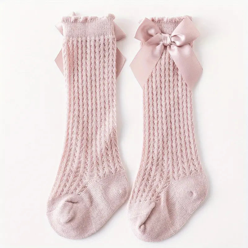 Chaussettes hautes bébé fille – Bas dentelle blanc avec nœud élégant, confortables et respirants pour toutes occasions