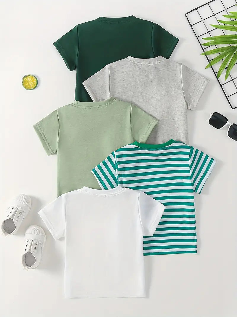 Lot de 5 t-shirts garçon basiques – Hauts unis et rayé coton respirant