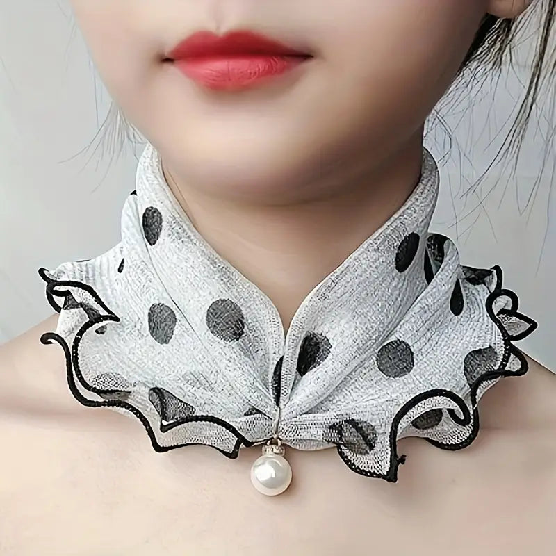 Faux col femme chic à pois avec perle – Col amovible élégant pour robe, pull et chemisier