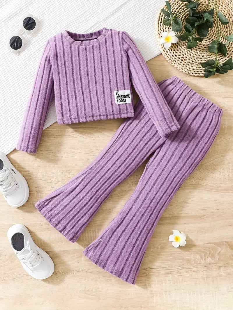 Ensemble fille 2 pièces côtelé mauve – Haut manches longues et pantalon évasé