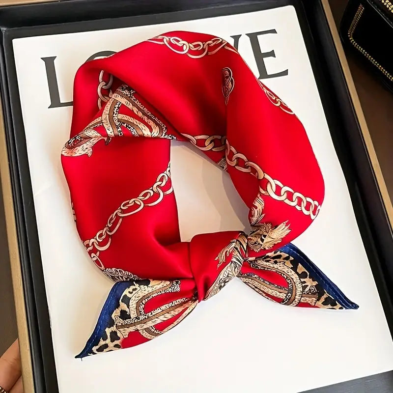 Foulard carré femme soie imprimé chaînes et léopard – Écharpe élégante et chic