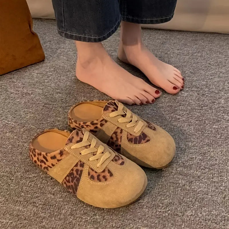 Mules fille à lacets motif léopard – Sabots décontractés en suédine confortable