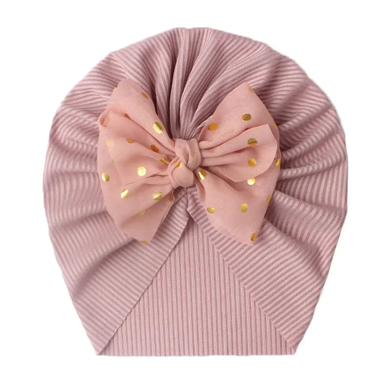 Turban en Coton avec Grand Nœud à Pois Dorés, Chapeau Mode et Confort pour Nouveau-né et Fille