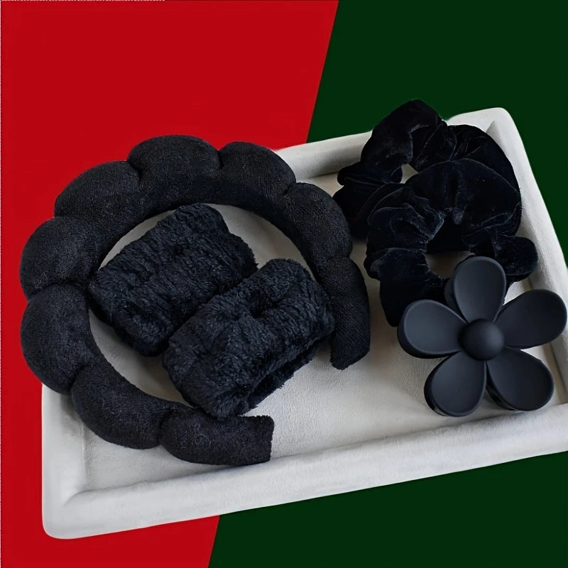 Kit Accessoires Beauté Cheveux et Visage – Bandeau Maquillage, Chouchous, Poignets Anti-Gouttes & Pince Fleur
