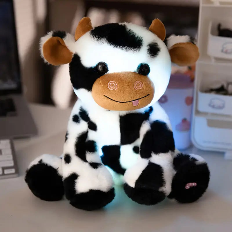 Peluche vache lumineuse noir/marron et blanc – Doudou LED doux et rigolo pour enfants