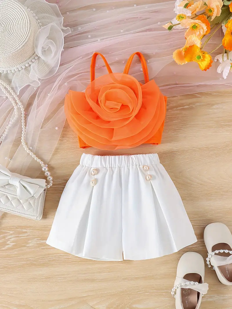 Hauts fille élégants – Top orange à fleur 3D avec short blanc chic d’été