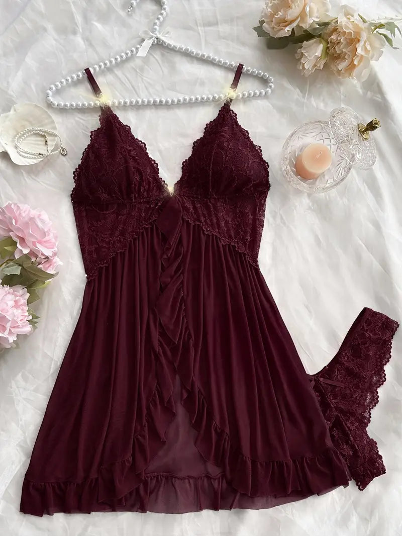 Nuisette Femme Dentelle et Volants – Sous-vêtements et Pyjamas Sexy & Élégants avec String Assorti