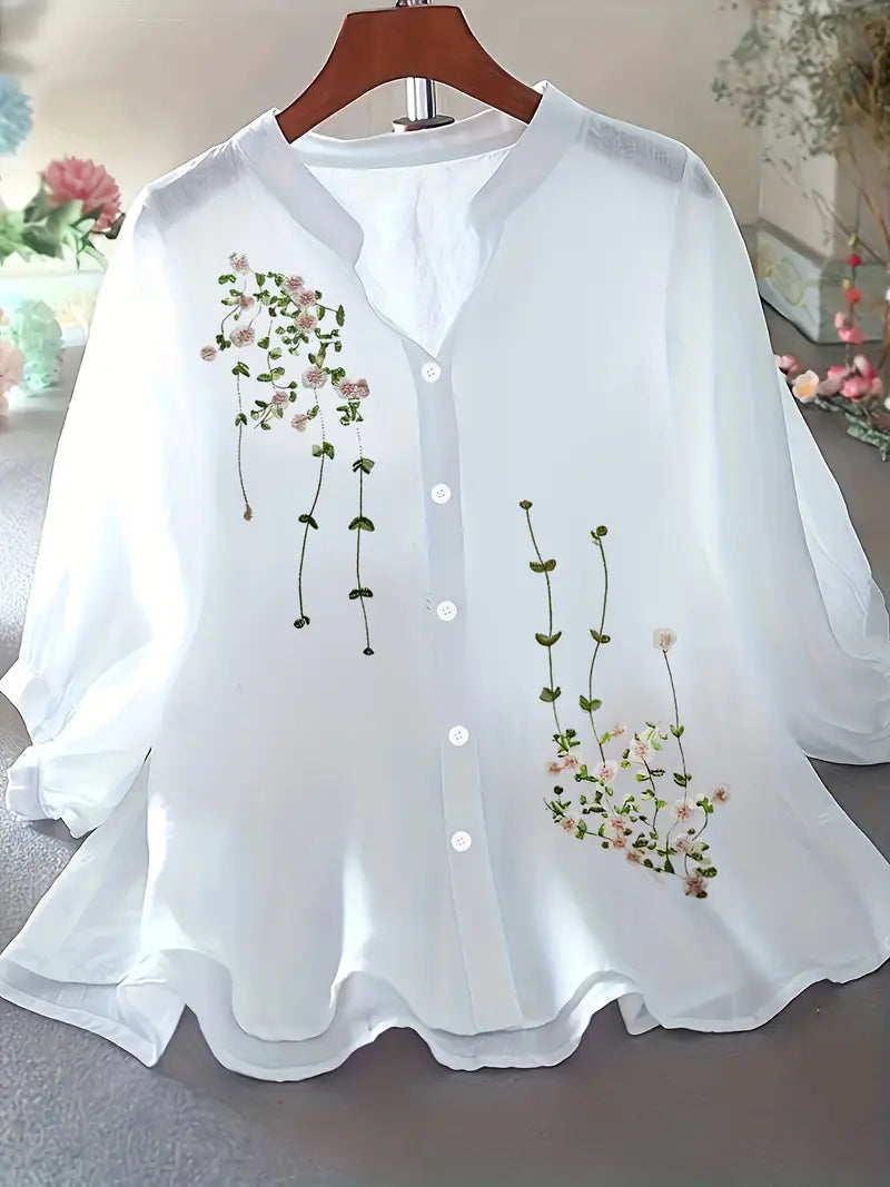 Chemisier Blanc Femme en Coton avec Broderie Florale – Haut Chic Élégant Printemps Été