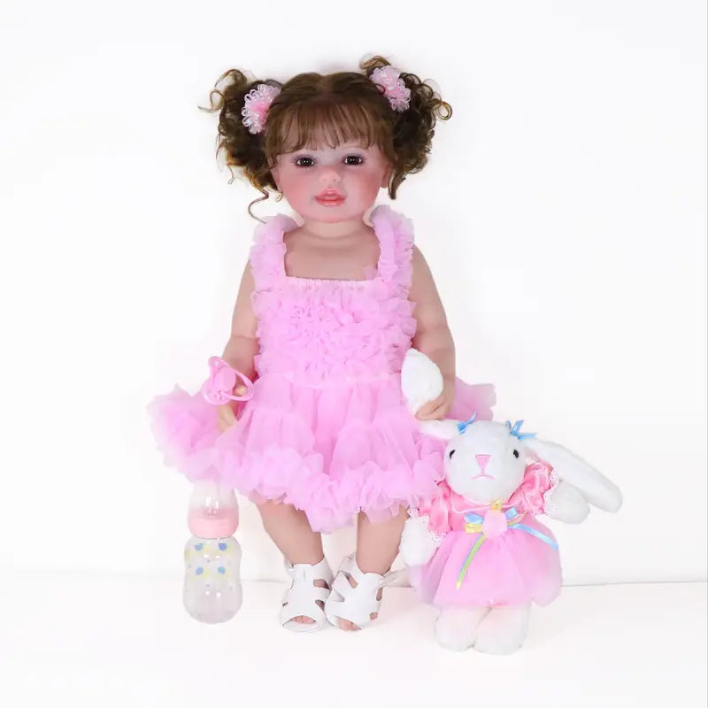 Grande poupée réaliste fille en robe rose avec doudou lapin et biberon – Jouet interactif pour enfants