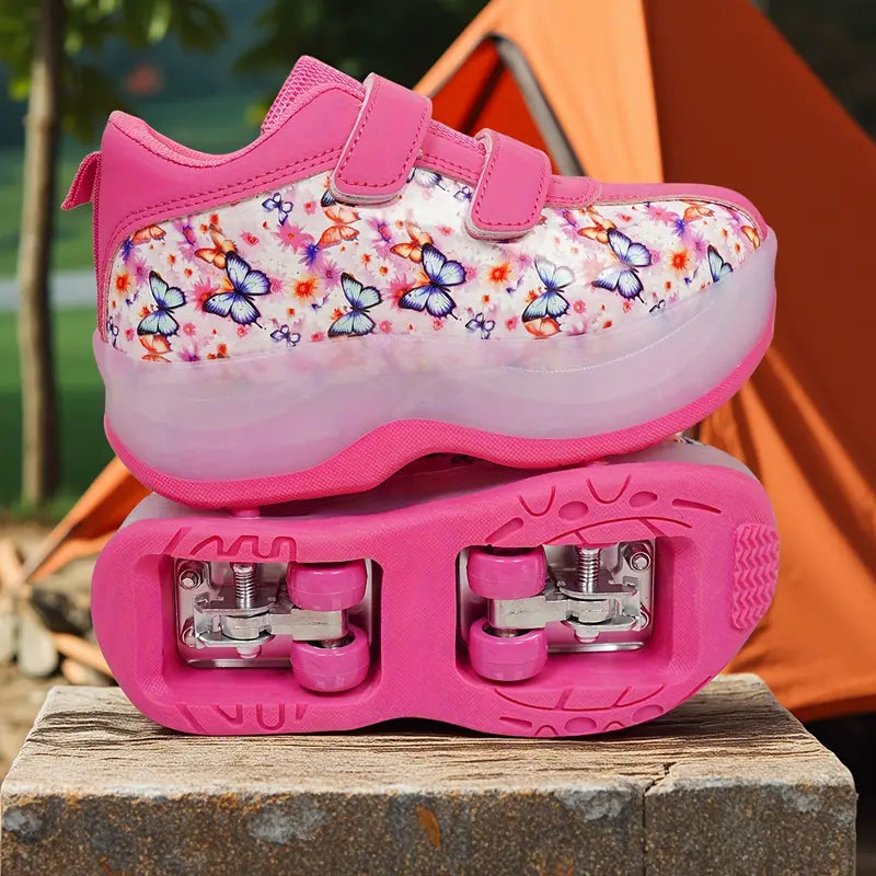 Chaussures de sport fille – Baskets roses à scratch avec imprimé papillons légères et tendance