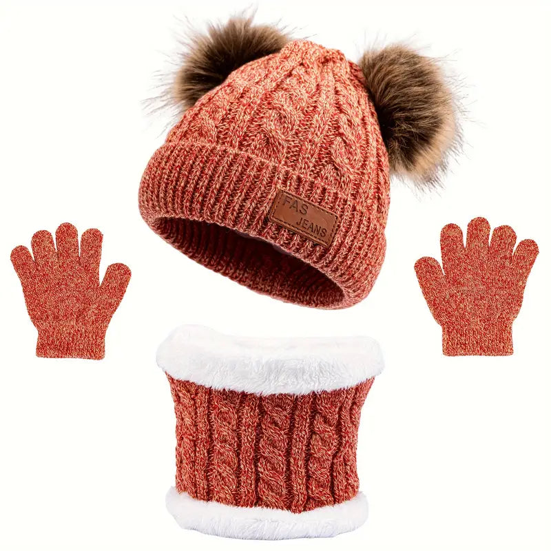 Ensemble Hiver Enfant – Bonnet Pompons Fourrure, Écharpe Tube et Gants Chauds