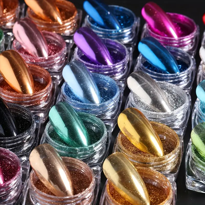 Vernis en Poudre Effet Chrome Miroir – 24 Couleurs Éclatantes pour Ongles Nail Art, Manucure Brillante et Longue Tenue