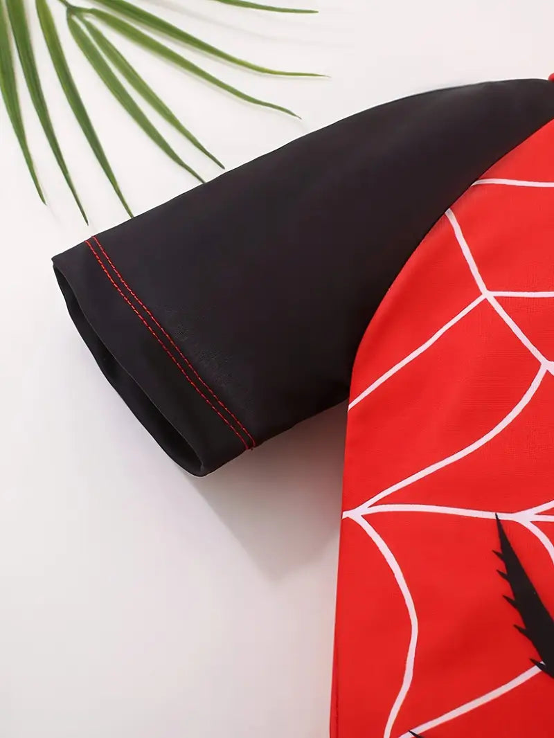Maillot de bain garçon une pièce rouge motif toile d’araignée – Combinaison anti-UV été piscine et plage