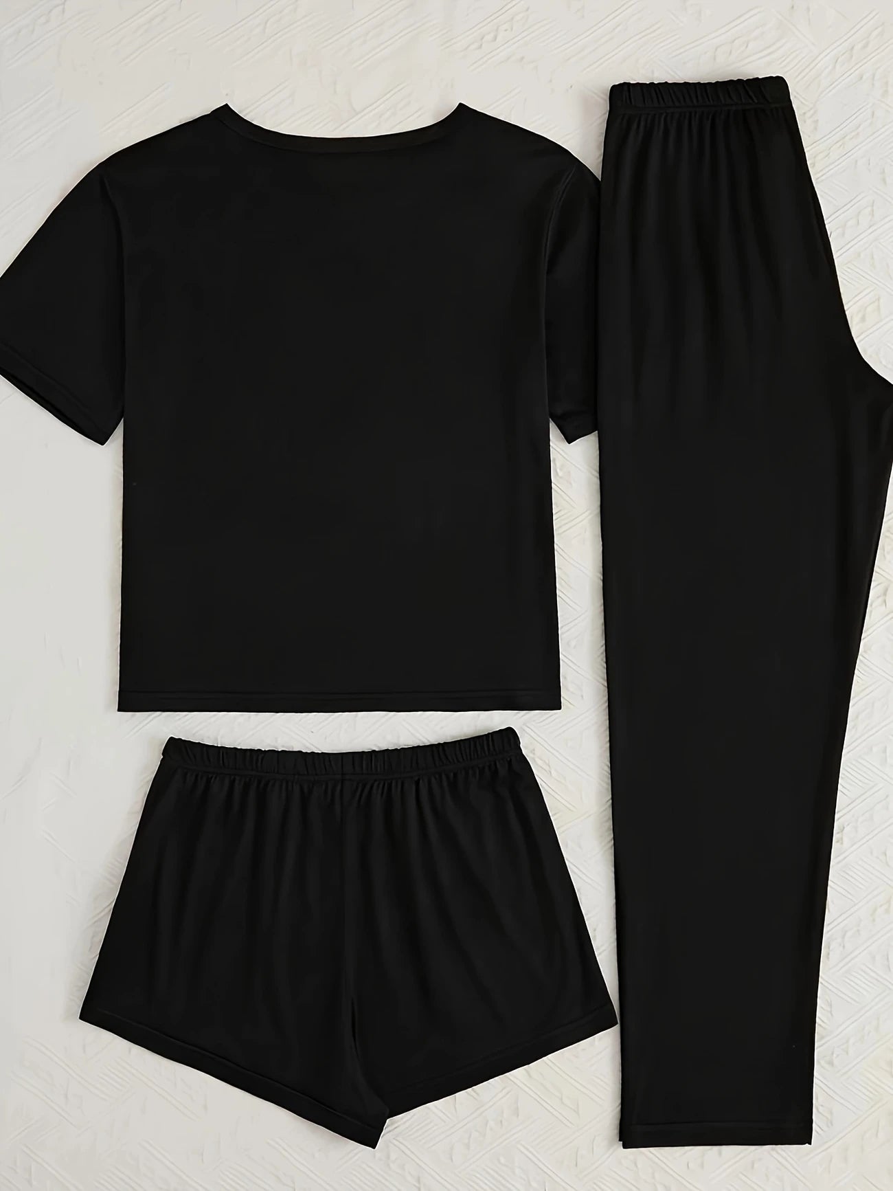 Pyjama Femme 3 Pièces Noir – T-Shirt, Short & Pantalon Long, Ensemble Polyvalent et Confortable pour la Nuit