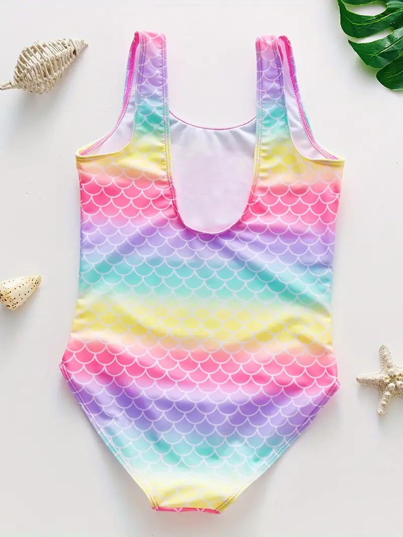 Maillot de bain fille deux pièces sirène – Bikini écailles multicolores avec volants roses