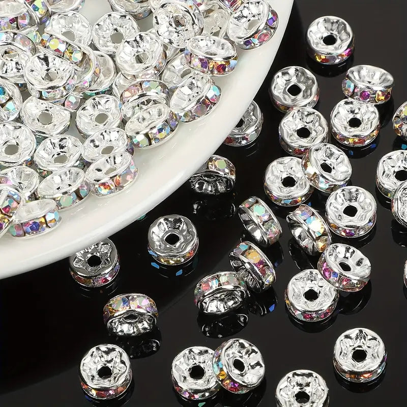 100 Perles Rondelles Strass Argentées – Intercalaires Brillants pour Création de Bijoux DIY
