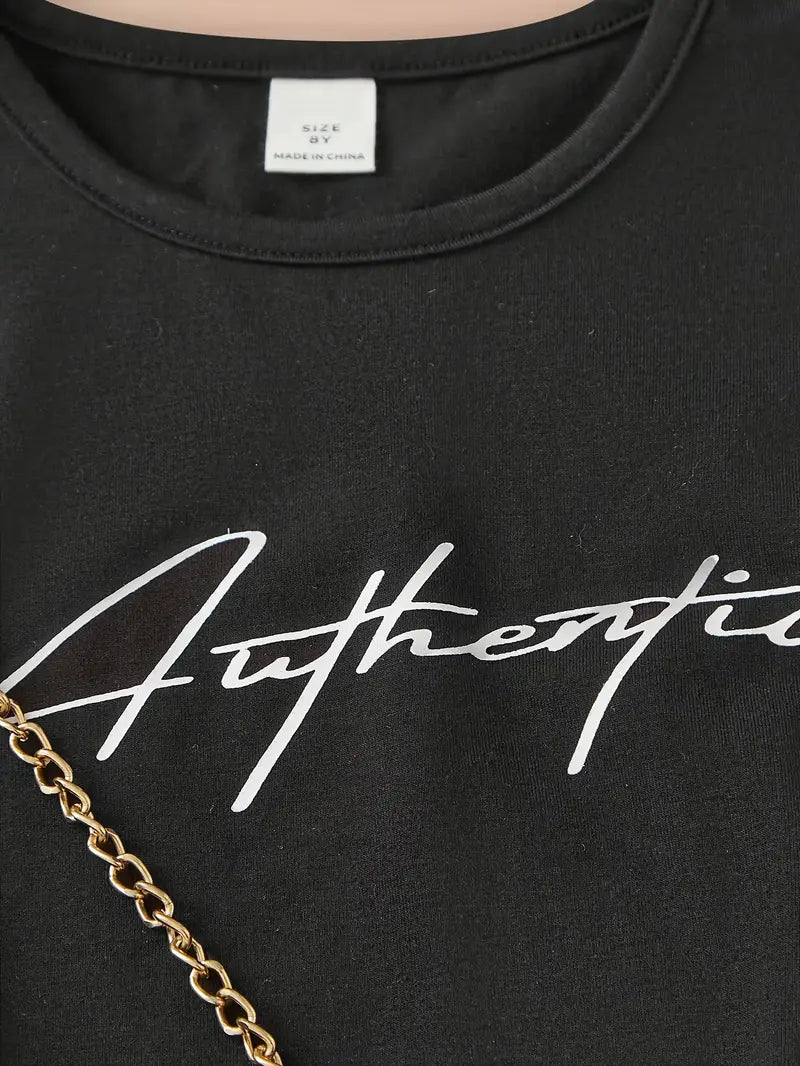 Chemise fille noire à inscription Authentic – t-shirt tendance avec short rose et ceinture Love