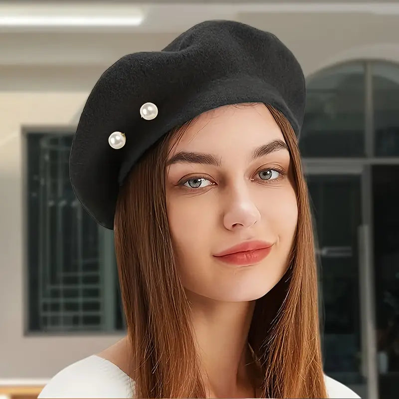 Béret femme noir en laine avec perles élégantes – Accessoire chic et intemporel