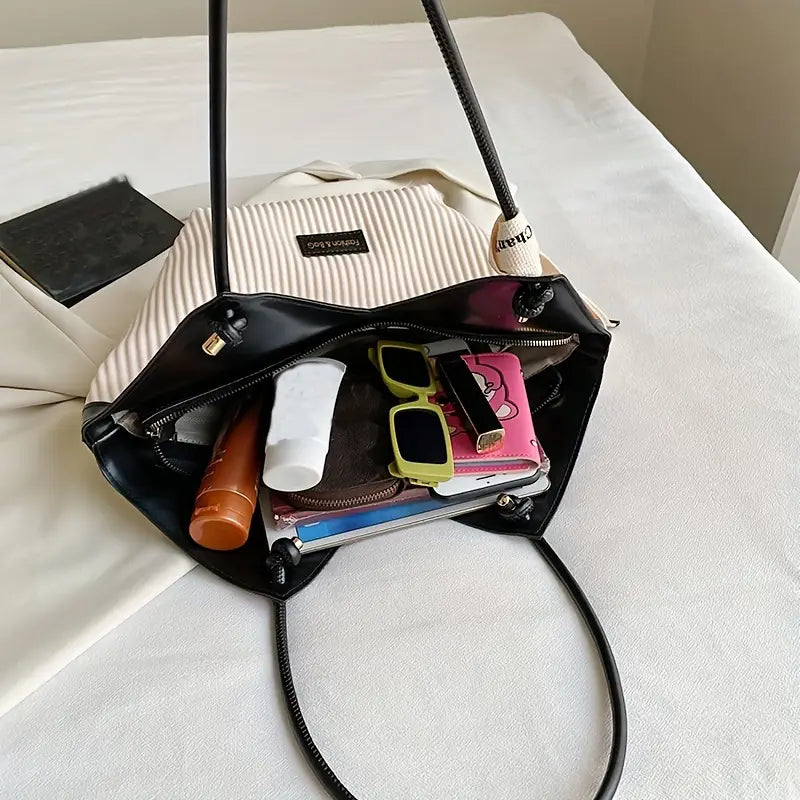 Sac Porté Épaule Femme Noir Géométrique avec Pochette Assortie – Élégant et Moderne