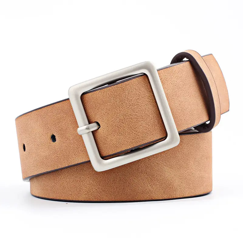 Ceinture femme en cuir marron avec boucle carrée argentée – Style classique et élégant