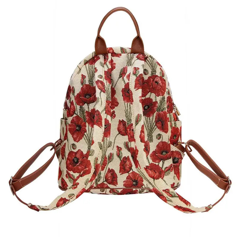 Sac à dos femme motif fleuri vintage – Tissu brodé avec coquelicots rouges et détails en cuir