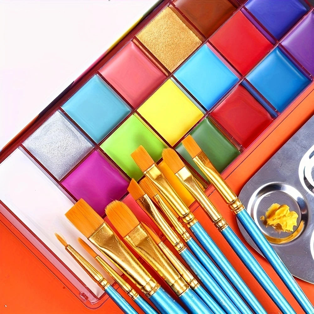 Palette Peinture Corporelle Artistique – 20 Couleurs Vives + 10 Pinceaux pour Maquillage Créatif