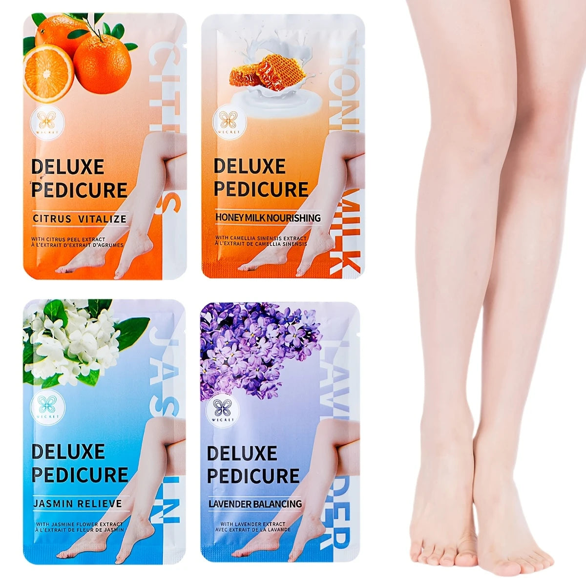 Kit Masques Pédicure Deluxe – 4 Soins Pieds Hydratants aux Extraits Naturels (Lavande, Miel, Jasmin, Agrumes)