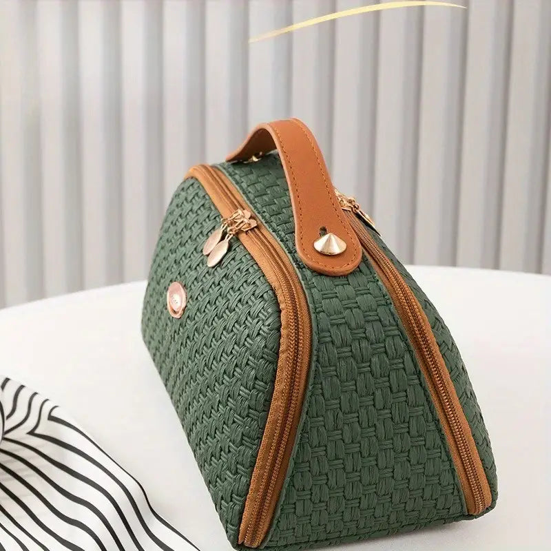 Trousse de toilette élégante vert tressé Grande capacité et finition haut de gamme