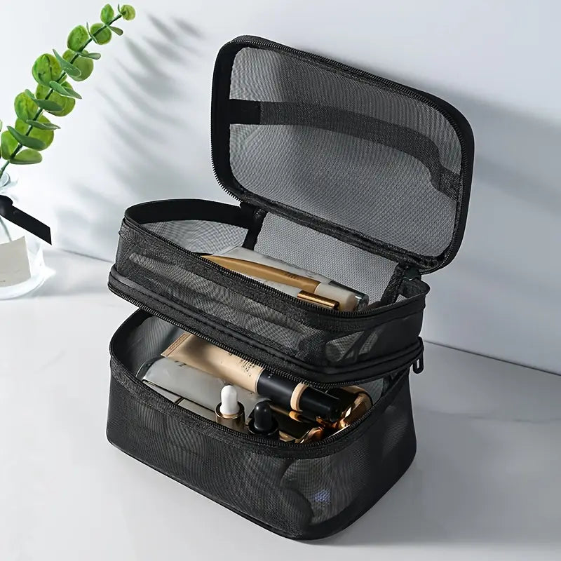 Trousse de Maquillage Transparente à Double Compartiment – Pochette de Rangement Voyage Étanche et Légère