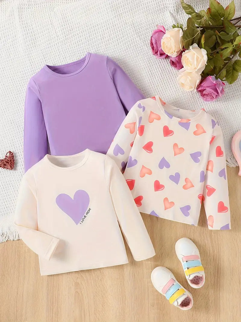 Lot de 3 hauts bébé fille manches longues – motifs cœurs et unis pour toutes saisons