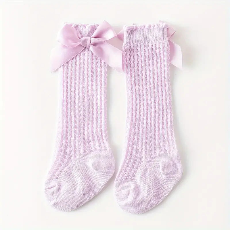 Chaussettes hautes bébé fille – Bas dentelle blanc avec nœud élégant, confortables et respirants pour toutes occasions