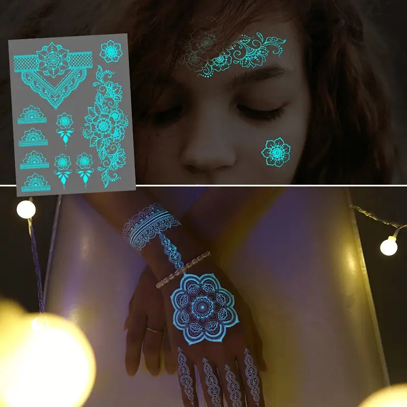 Tatouages Éphémères Fluorescents Mandala & Dentelle – 6 Feuilles Lumineuses pour Corps, Bras ou Épaule