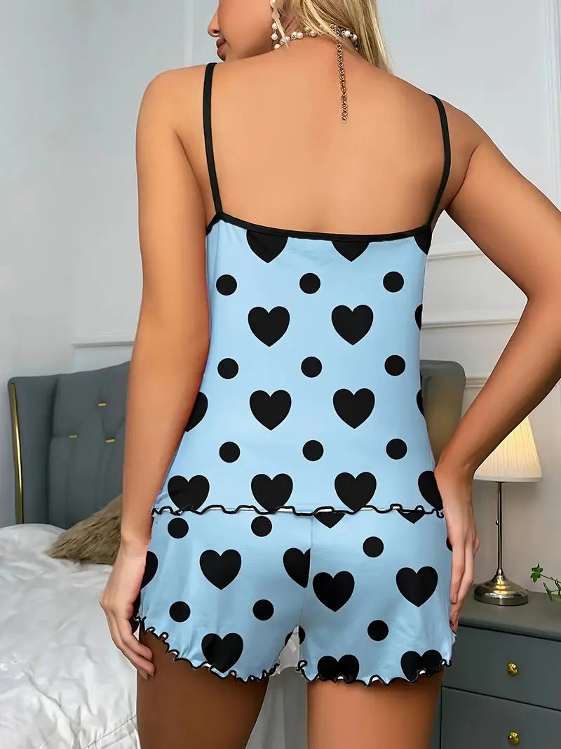 Pyjama Femme Deux Pièces à Bretelles – Sous-vêtements et Pyjamas Confortables avec Motif Cœur